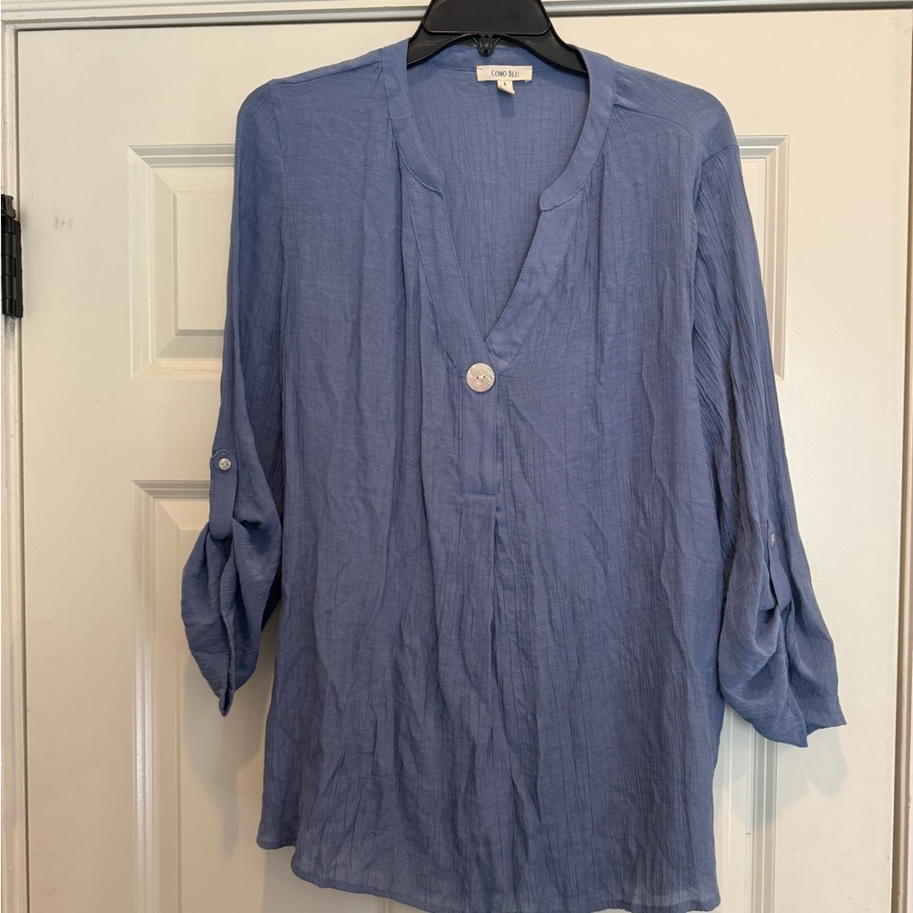 Como Blu L Blue Blouse With Mother of Pearl Button Large